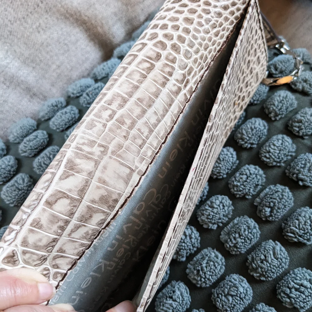 Calvin Klein Cream Croc-Embossed Leather Clutch
